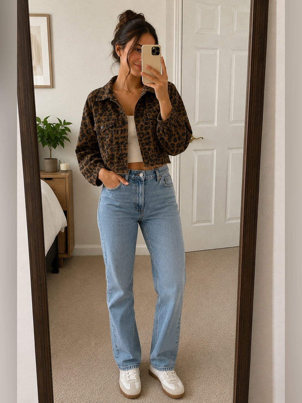 IVIVI Leopard Cropped Denim Jacket
